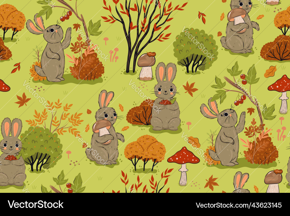 Seamless pattern with rabbits in the autumn vector image