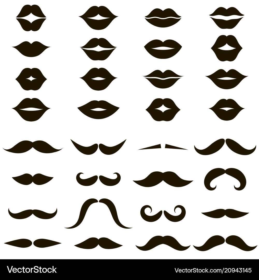 Set of black mustache and women s lips icons Set of black mustache and women s lips icons vector image