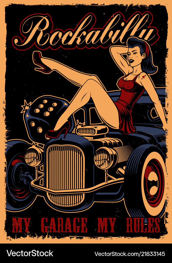 Vintage poster with pin up girl and classic car Vintage poster with pin up girl and classic car vector image