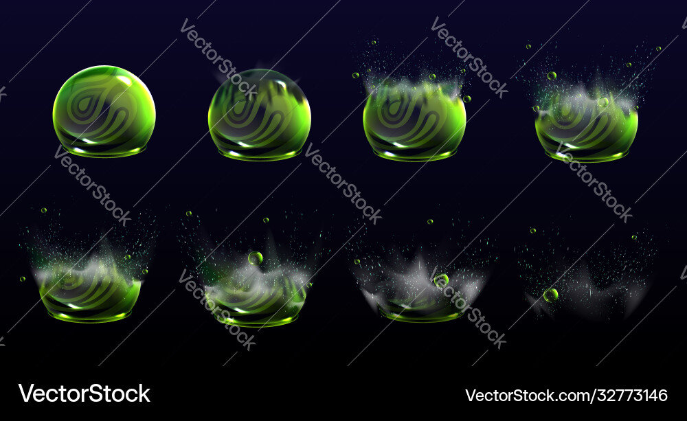 Broken bubble shields explosion animation stages Broken bubble shields explosion animation stages vector image