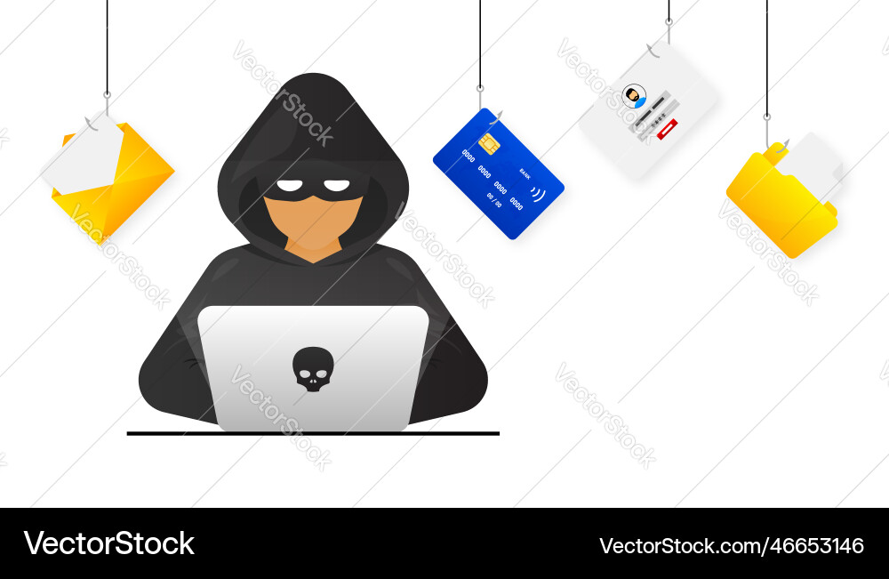 Hacker cyber criminal with laptop stealing user Hacker cyber criminal with laptop stealing user vector image
