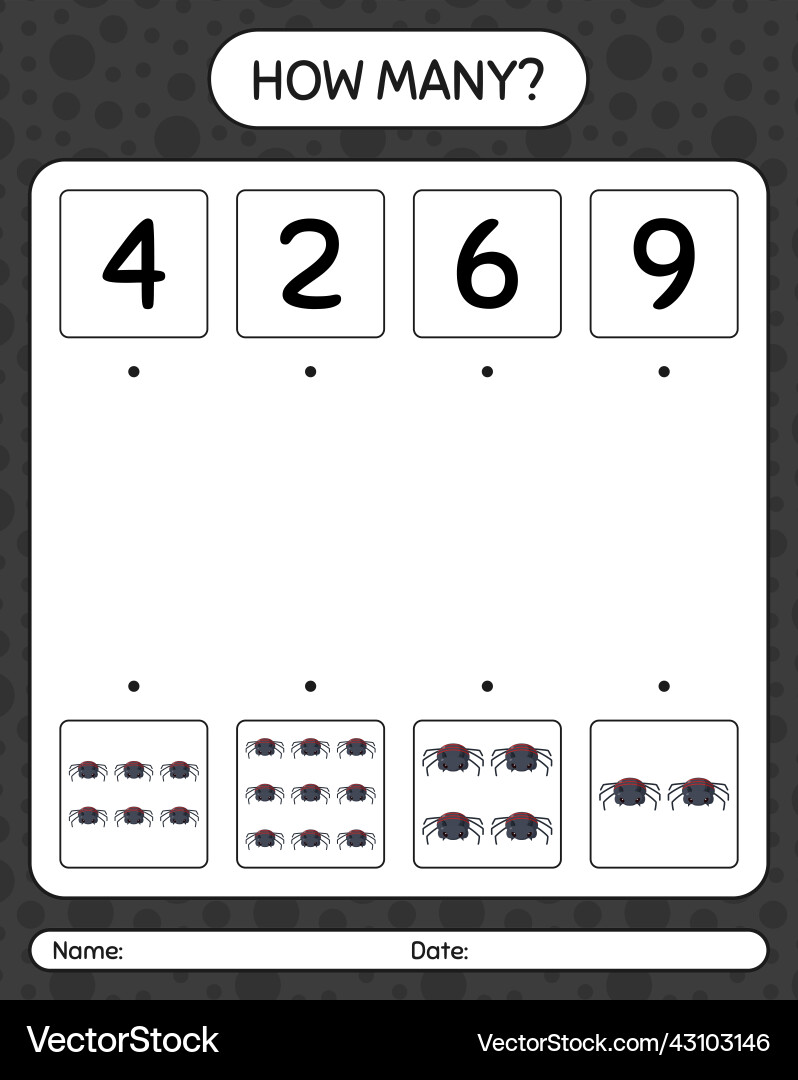 How many counting game with spider worksheet How many counting game with spider worksheet Vector Image