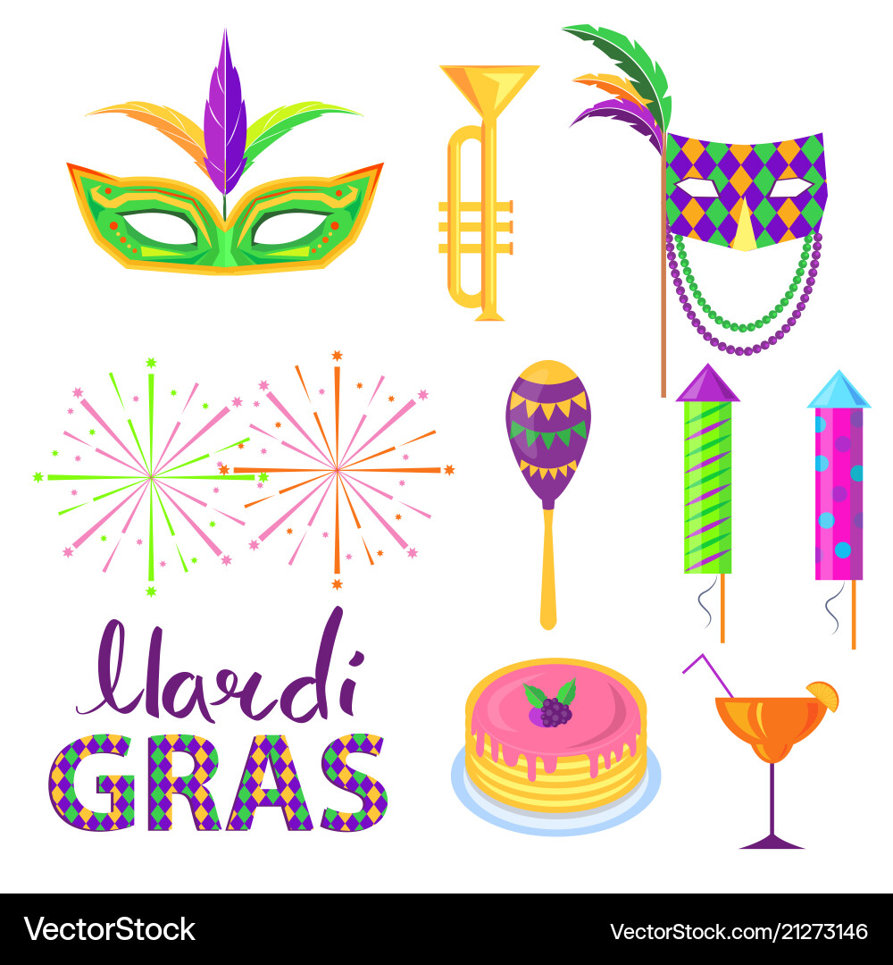 Magri gras Karneval Attribute flaches Konzept Magri gras Karneval Attribute flaches Konzept vektorbild