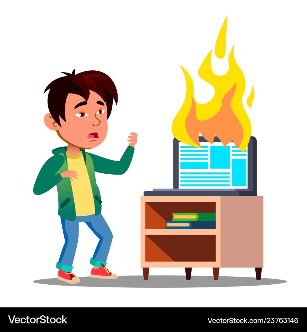 Scared asian kid next to burst into flame laptop – Royalty-Free Vector |  VectorStock, image size:1000x1080