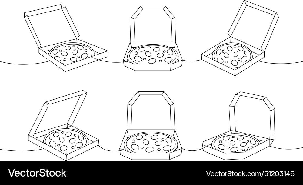 Set of pizza in boxes one line continuous drawing Set of pizza in boxes one line continuous drawing Vector Image