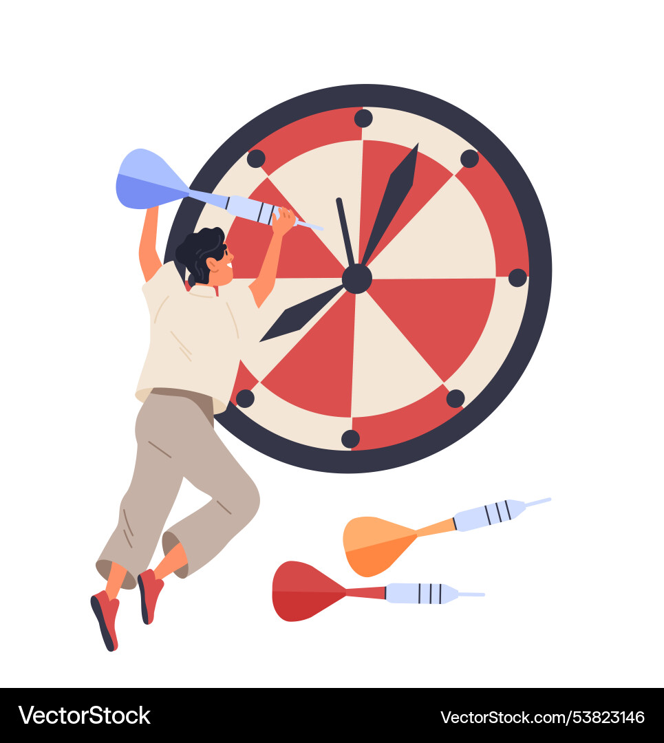 Time management man with dart near large clocks Time management man with dart near large clocks vector image