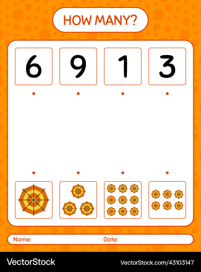 How many counting game with spider web worksheet Vector Image