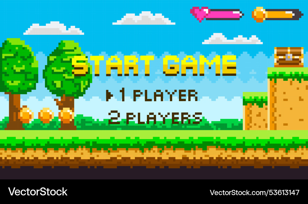 Retro pixel art game start screen with player vector image