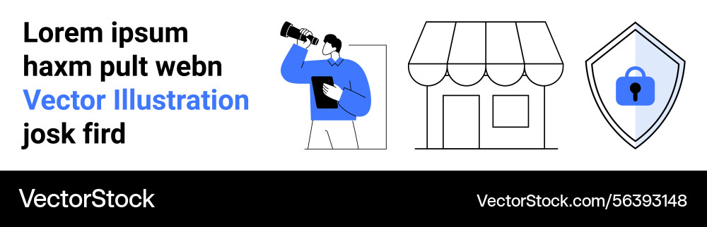 Man with telescope storefront and secure shield Man with telescope storefront and secure shield Vector Image