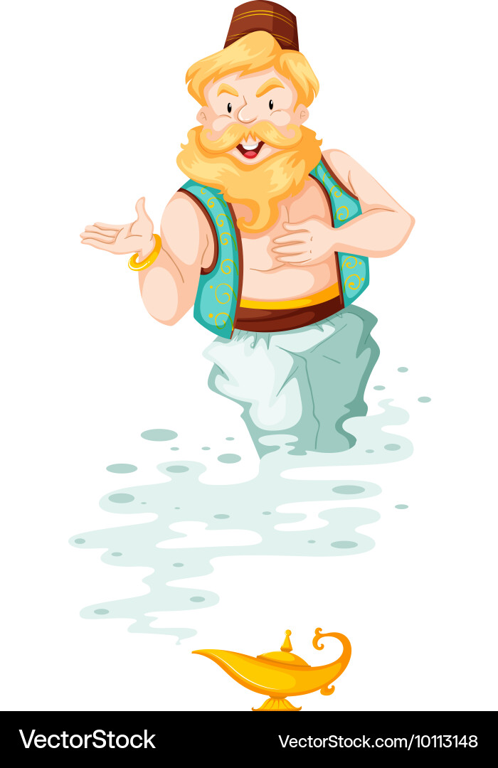 Old genie floating out from the lamp vector image