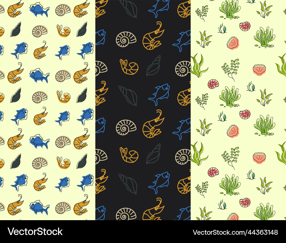 Seamless pattern collection with shells and fish Vector Image