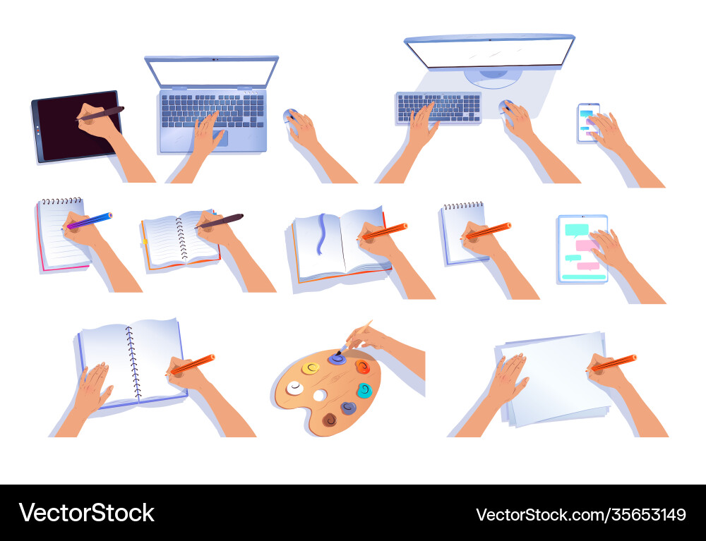 Hands with computers and notebooks Hands with computers and notebooks vector image
