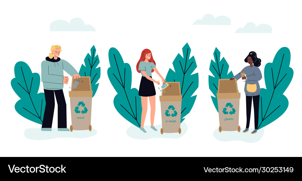 People sorting trash in dumpster containers sketch vector image