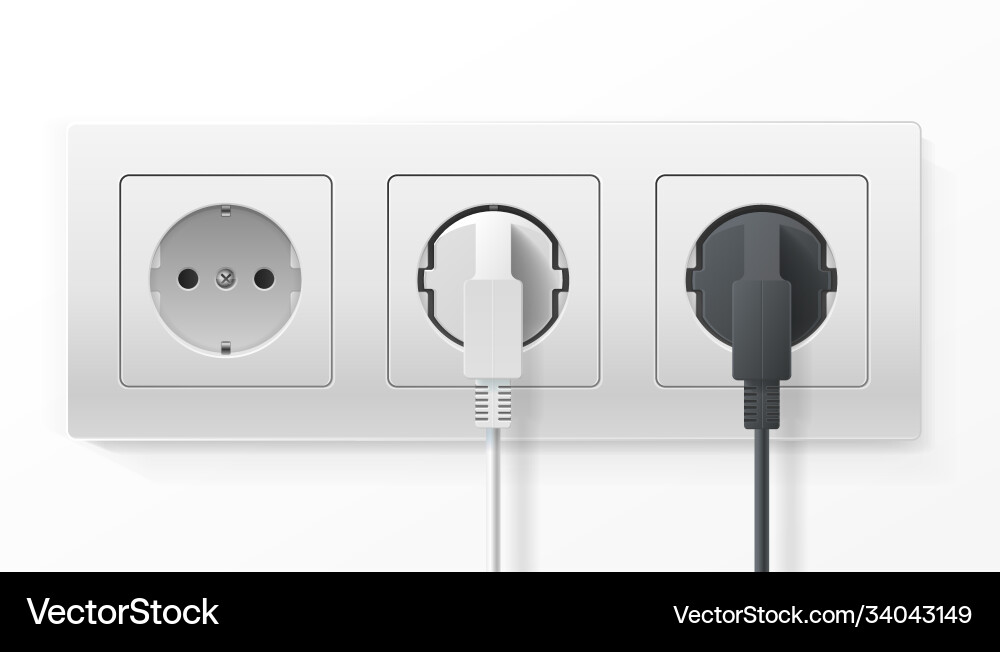Realistic detailed 3d plugs inserted in electrical Realistic detailed 3d plugs inserted in electrical vector image