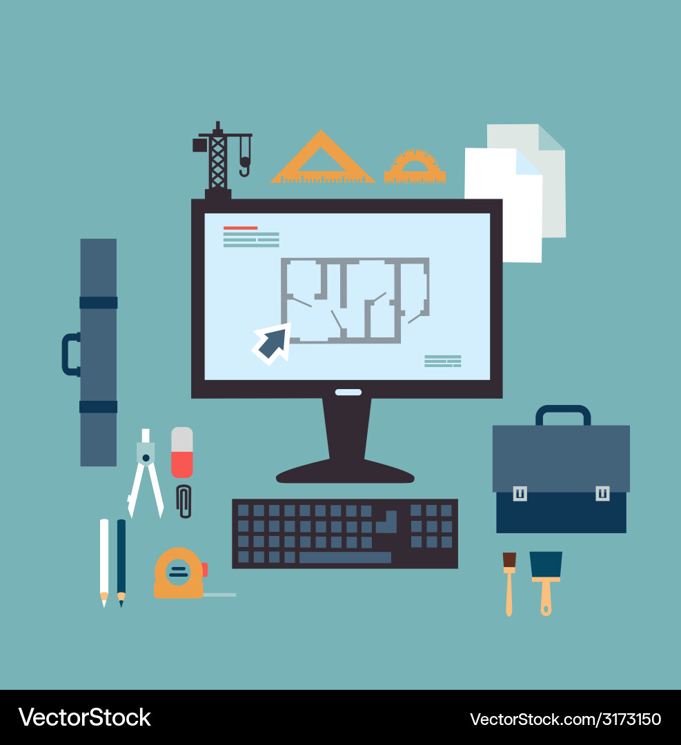 Architect Creating Blueprints on Computer vector image