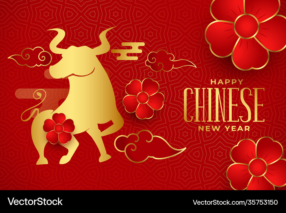 Chinese happy new year with ox and floral red Chinese happy new year with ox and floral red vector image