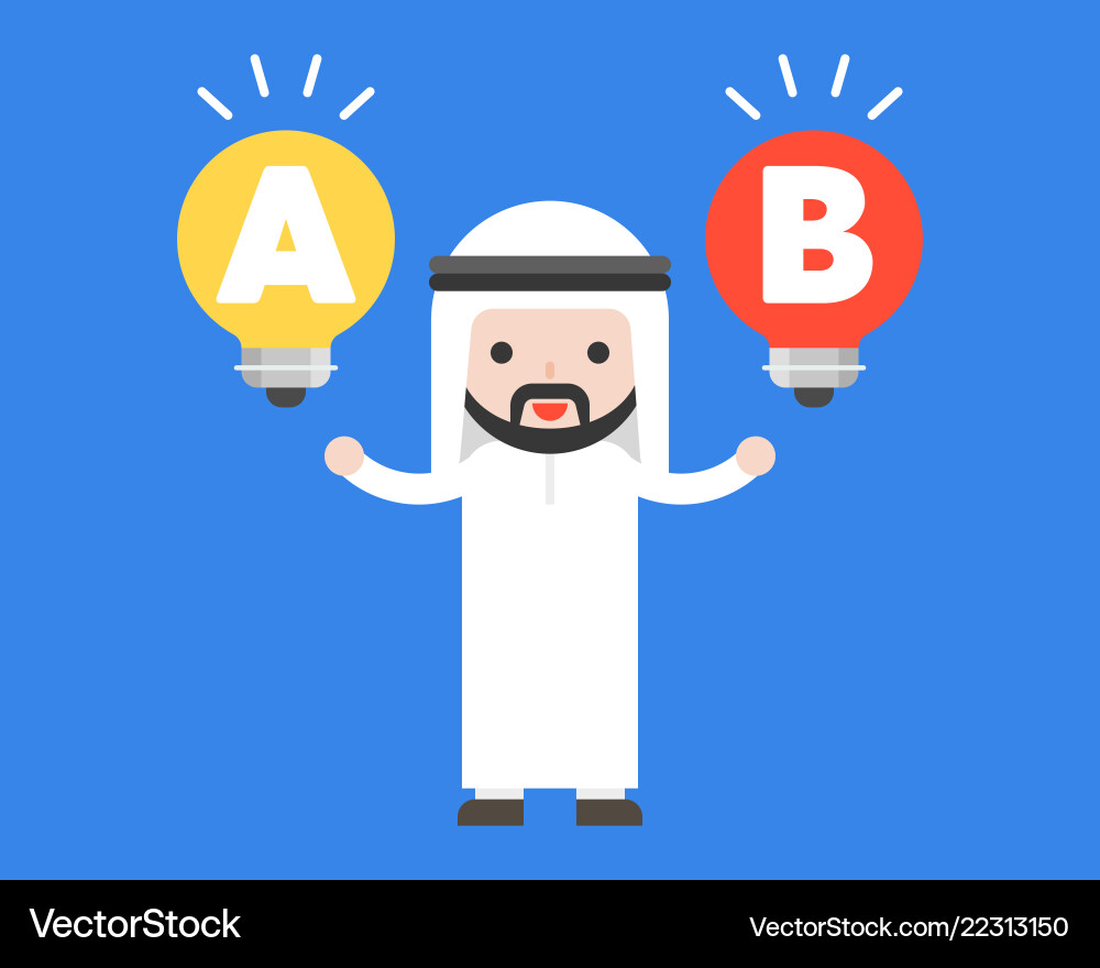 Cute arab businessman and two lightbulbs in his Vector Image