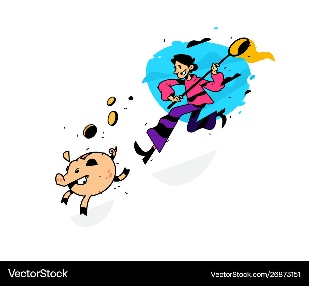 A man running after piggy bank with net Vector Image