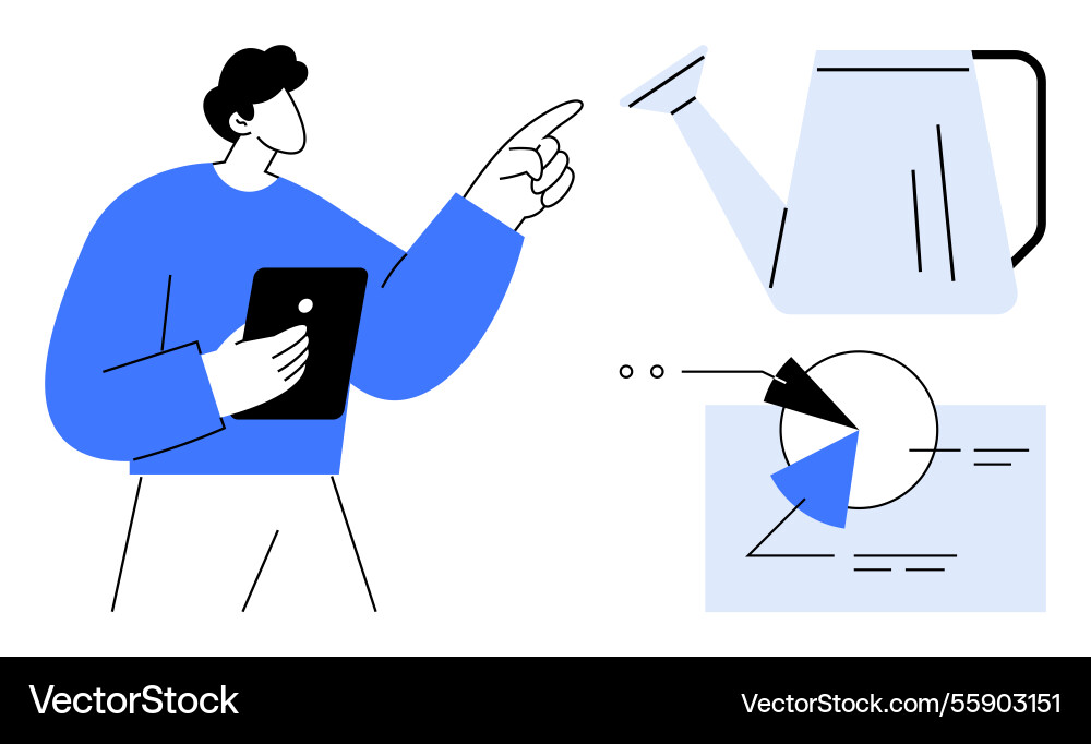 Person analyzing data and pointing at conceptual Person analyzing data and pointing at conceptual vector image