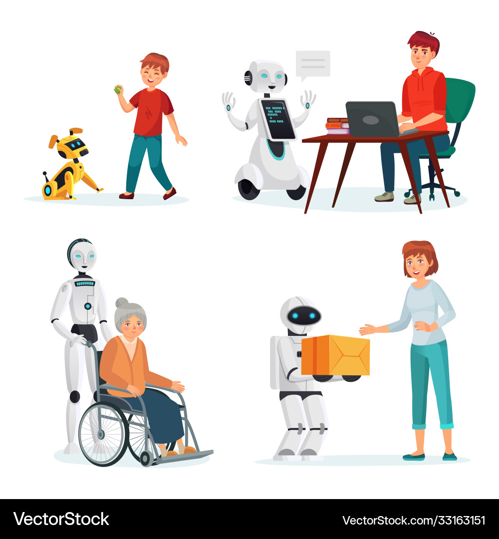 Robots interact with people in various situations Robots interact with people in various situations vector image