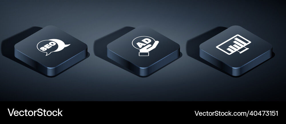 Set isometric seo optimization monitor with graph vector image