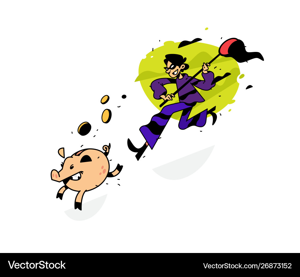 A thief running after piggy bank with net vector image