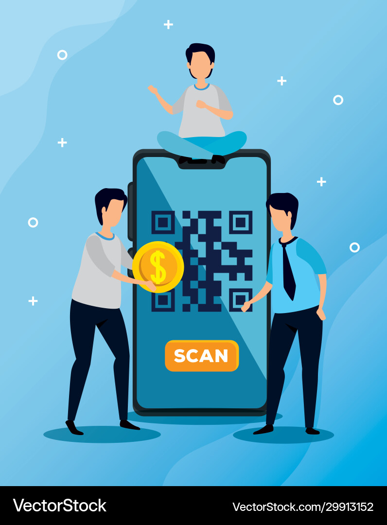 Code qr in smartphone with businessmen and icons Code qr in smartphone with businessmen and icons vector image