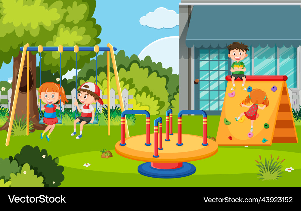 Kinder spielen vor Schulspielplatz Kinder spielen vor Schulspielplatz vektorbild