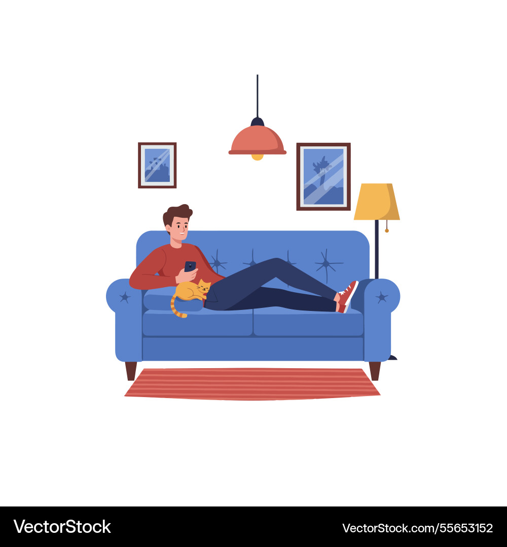 Man relaxing on couch texting with cat in cozy vector image