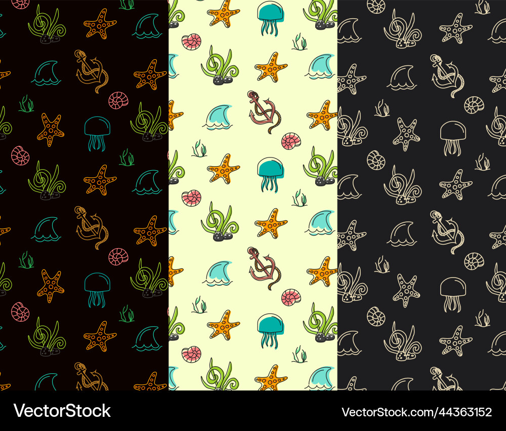 Seamless pattern collection with shells and fish vector image