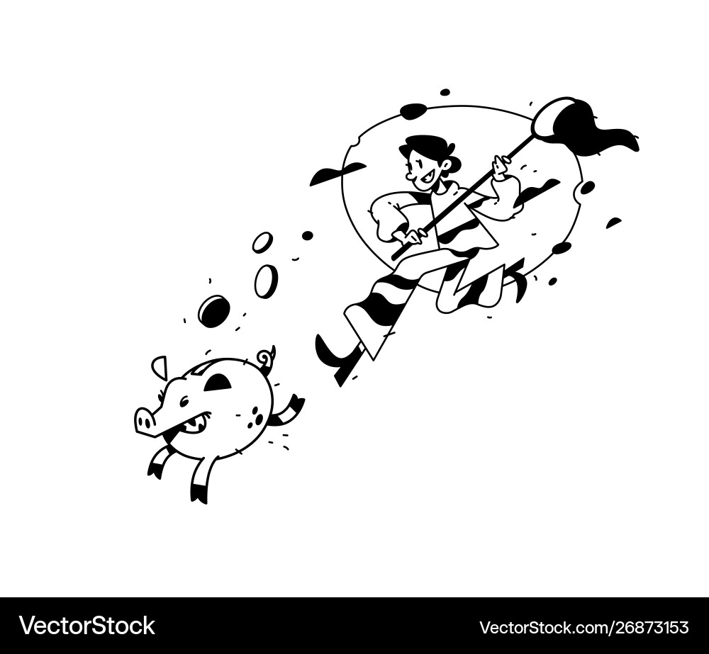 A man running after piggy bank with net A man running after piggy bank with net vector image