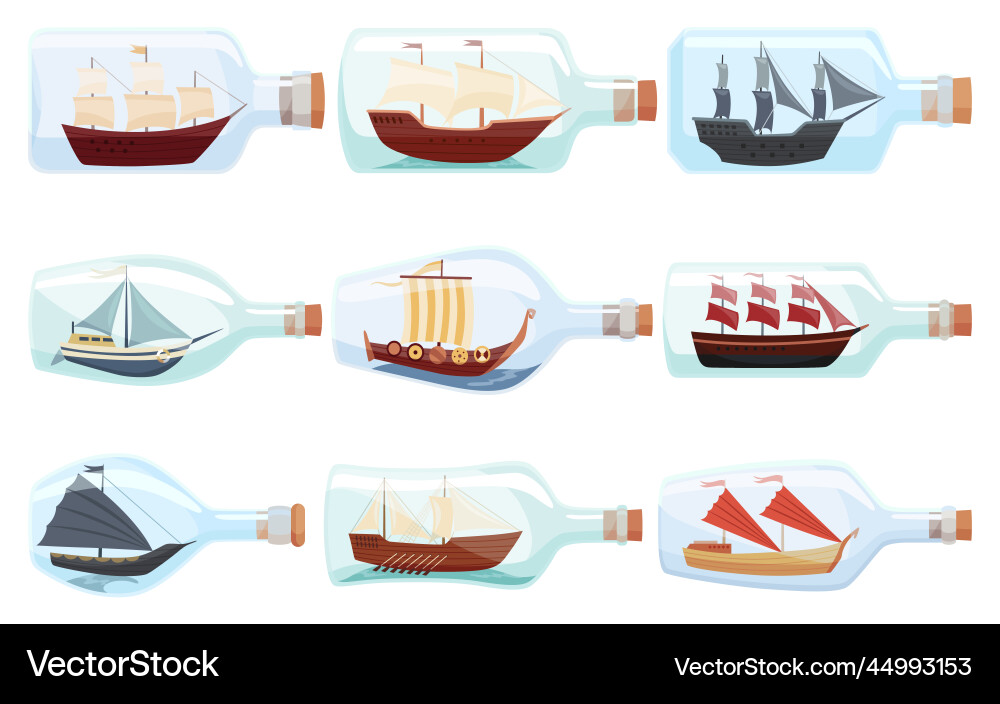Ships in bottles set of glass with object inside vector image