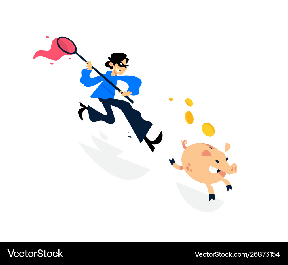A thief running after piggy bank with net Vector Image