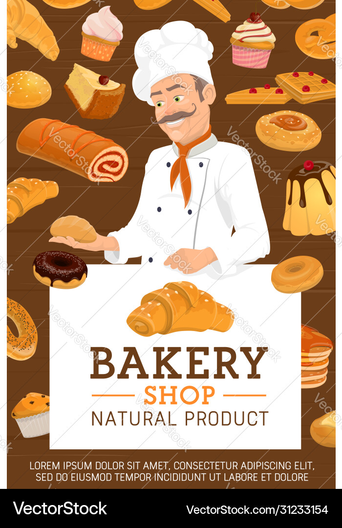 Baker in bakery shop pastry and bread Baker in bakery shop pastry and bread vector image