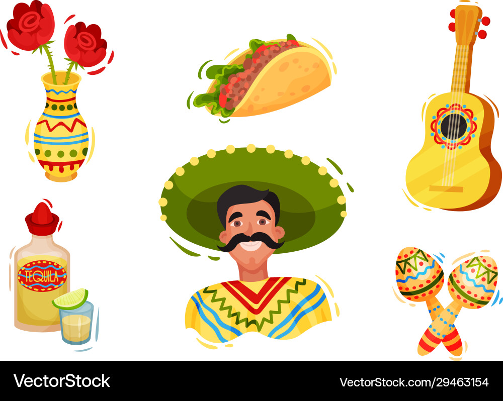 Bright mexican attributes and symbols with taco Bright mexican attributes and symbols with taco vector image