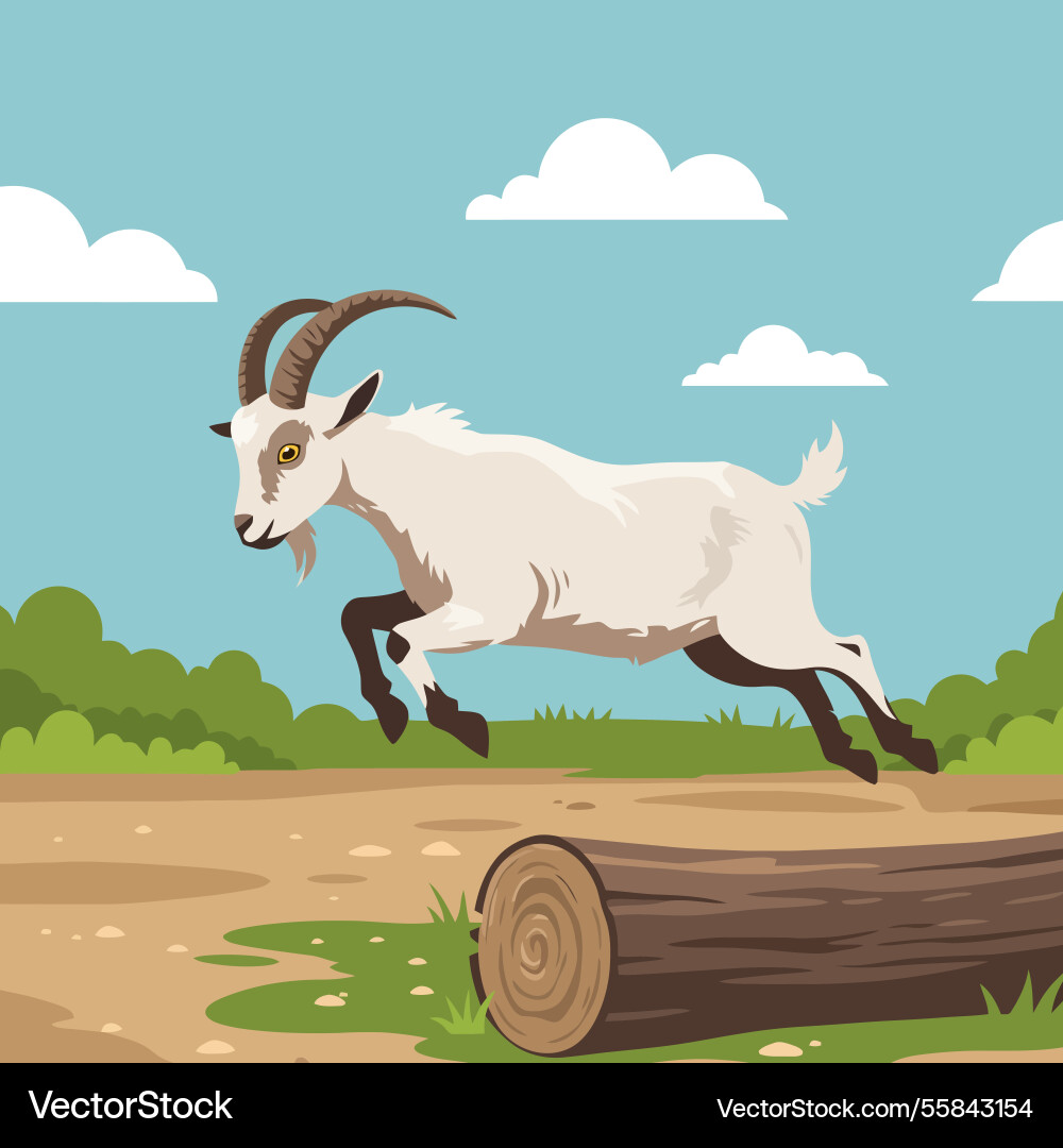 Goat jumping over log in field with clouds sky Vector Image