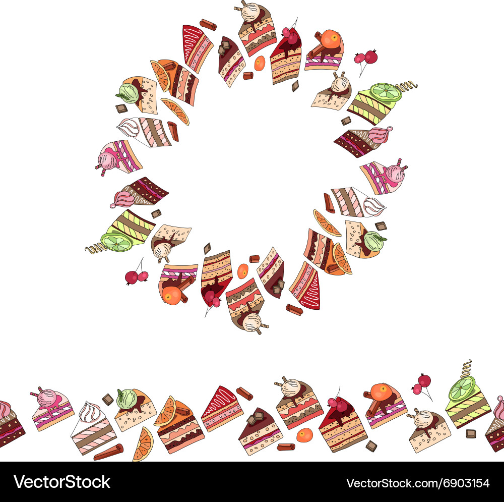 Round frame and endless pattern brush made of cake vector image