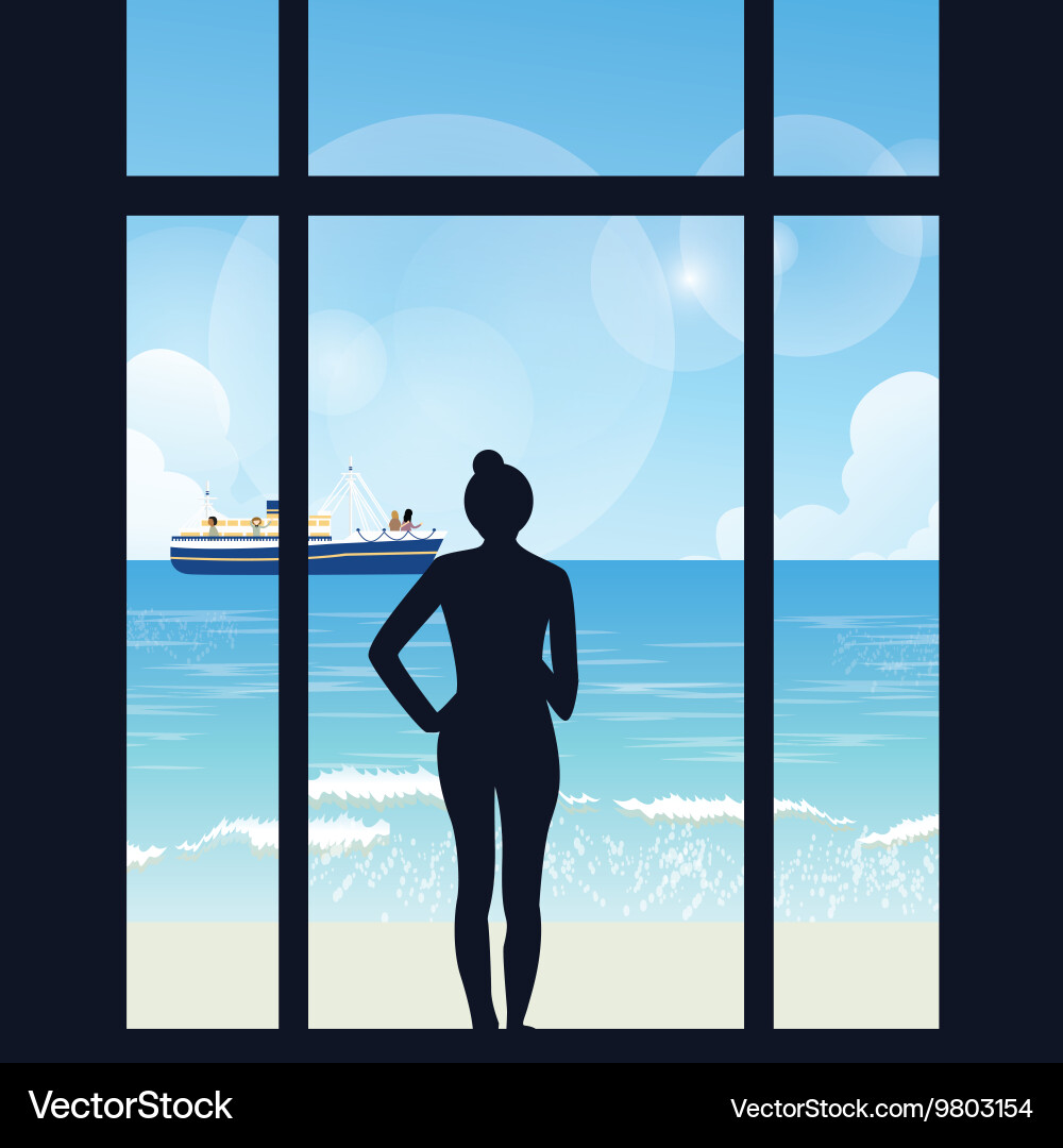 Silhouette von Frau stehen auf der Suche nach Meerblick Vektorbild