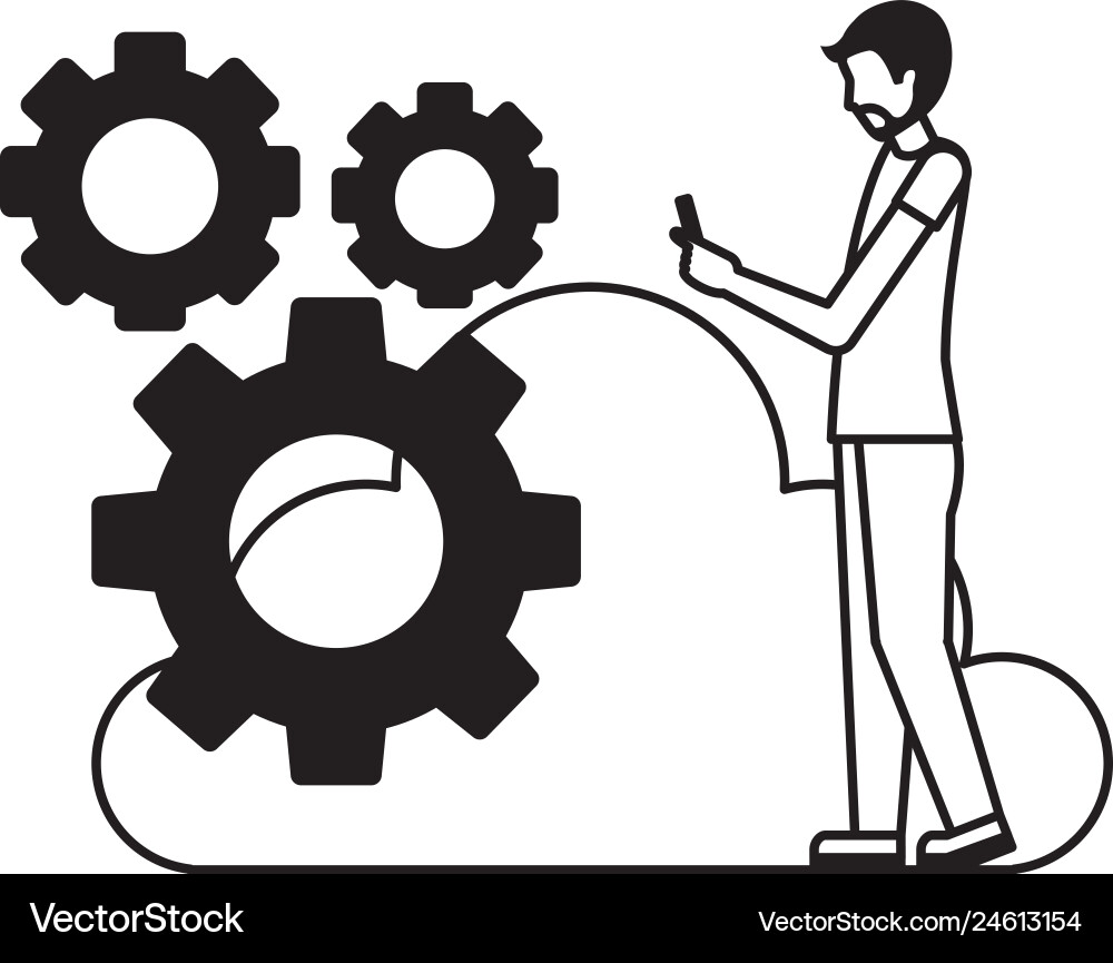 Young man using mobile gears cloud computing Vector Image