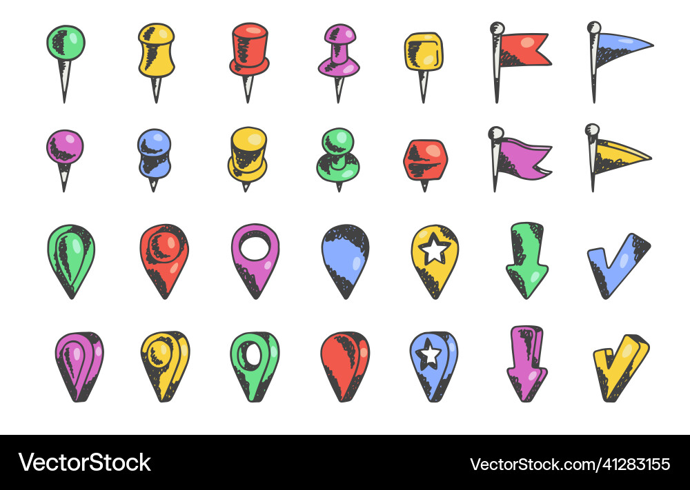 Map pointers and push pins in hand drawn sketch vector image