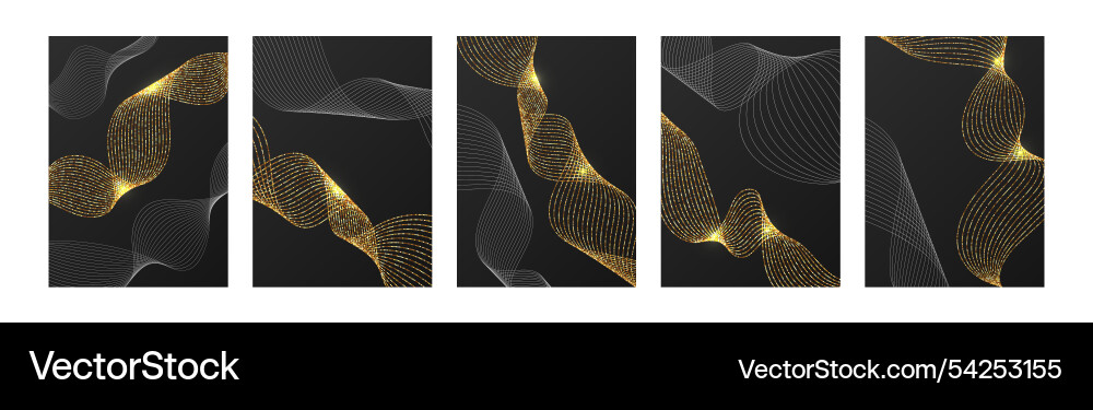 Set of cards with golden shiny wavy lines dynamic Set of cards with golden shiny wavy lines dynamic vector image