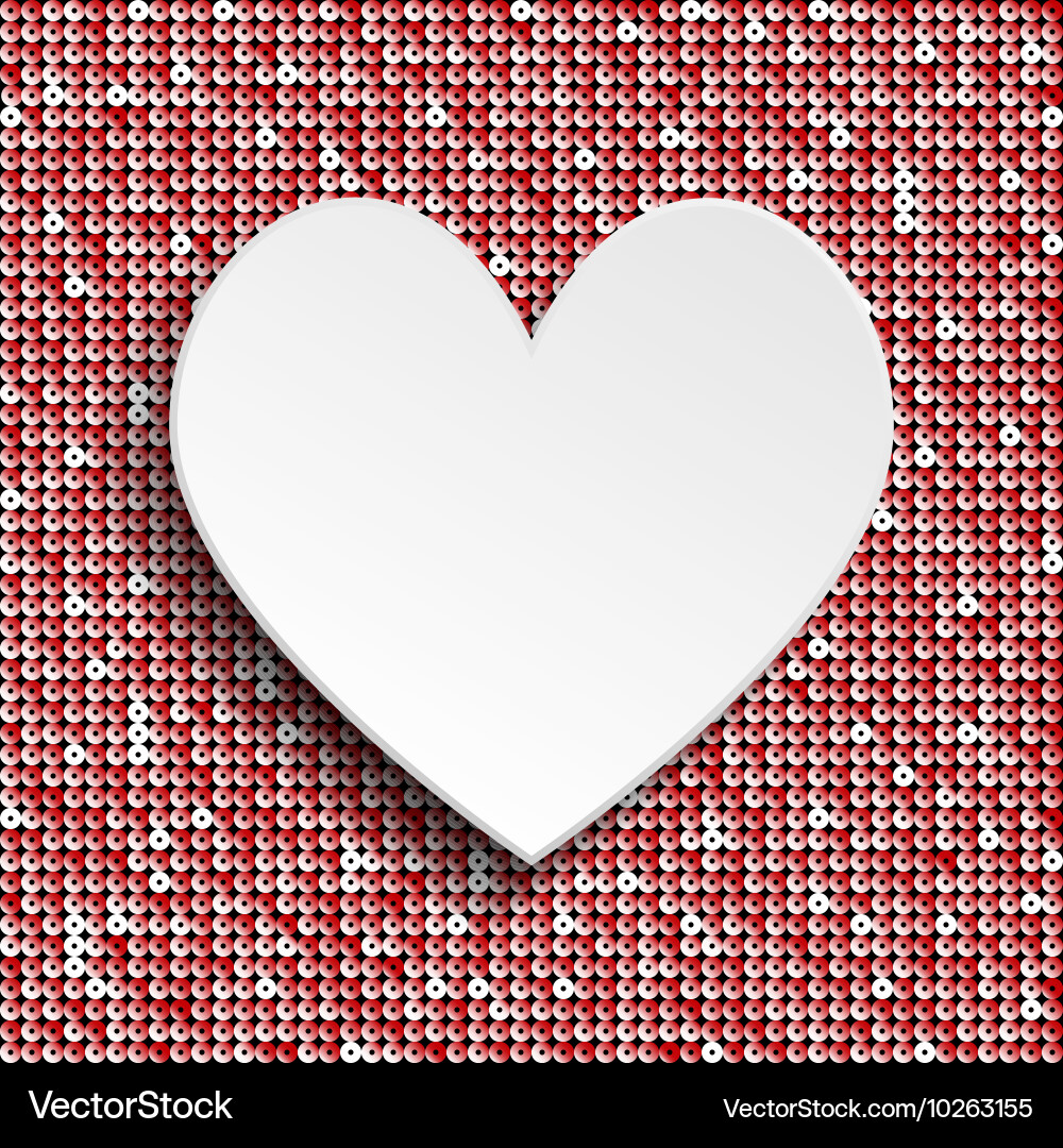 White heart button on red sequin background vector image