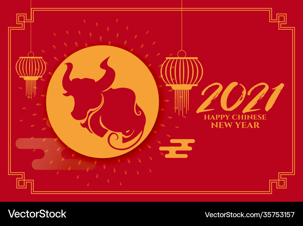 2021 happy chinese new year ox with lanterns 2021 happy chinese new year ox with lanterns vector image