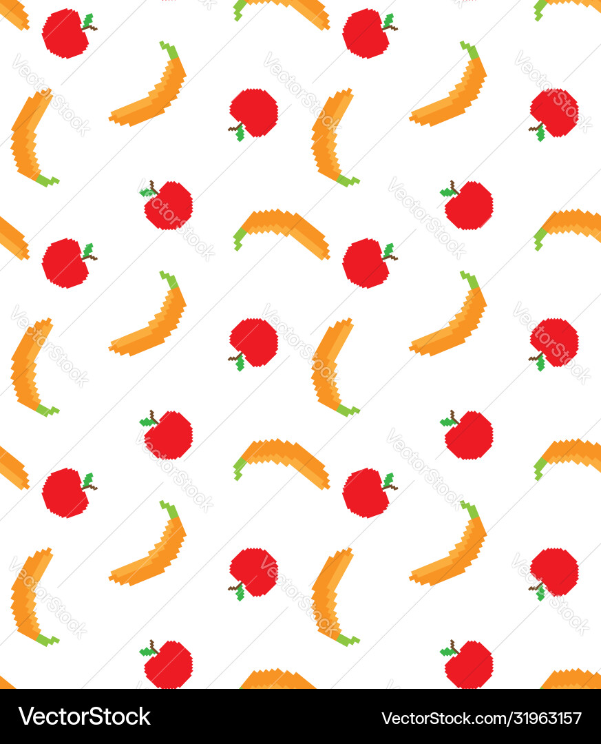 Pixel apple and banana pattern seamless 8 bit Pixel apple and banana pattern seamless 8 bit Vector Image