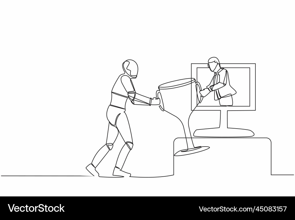 Single one line drawing of robot get trophy from Single one line drawing of robot get trophy from vector image
