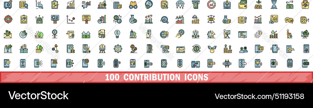 100 contribution icons set color line style 100 contribution icons set color line style vector image