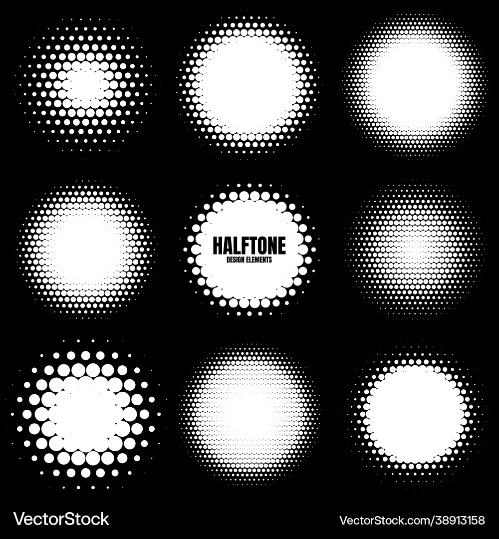 Circle halftone design elements with white dots Circle halftone design elements with white dots vector image