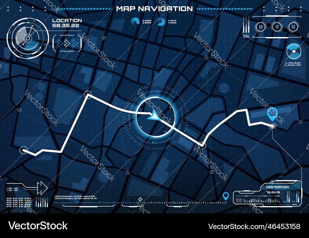 Hud city map navigation interface screen and route Hud city map navigation interface screen and route vector image