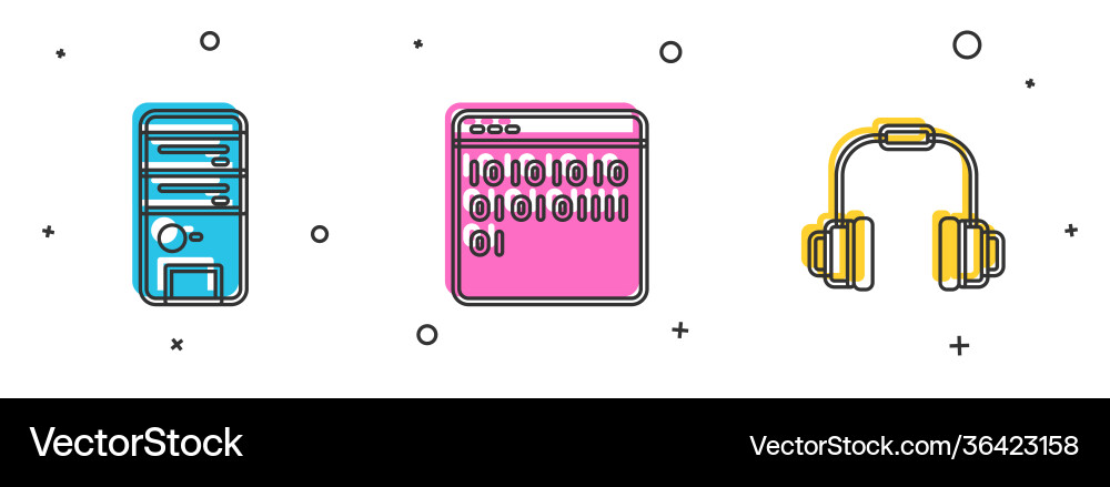 Set computer binary code and headphones icon Set computer binary code and headphones icon vector image