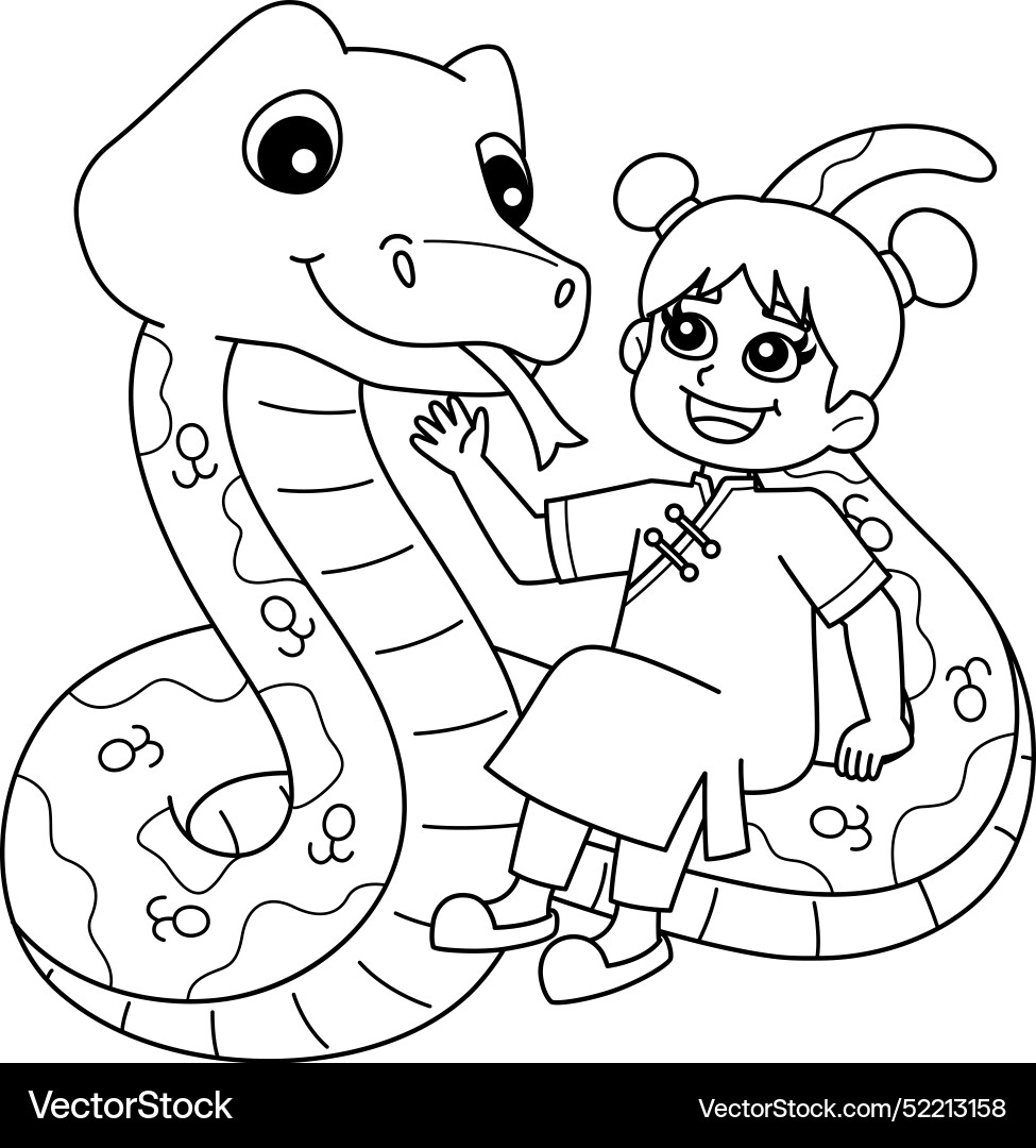Year of the Snake Coloring Page with Chinese Girl Vector Image
